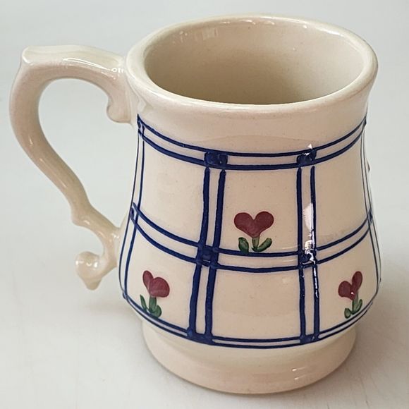 Vintage Hartstone USA Pottery Coffee Mug With Plaid And Heart Shape Flowers - Picture 3 of 12
